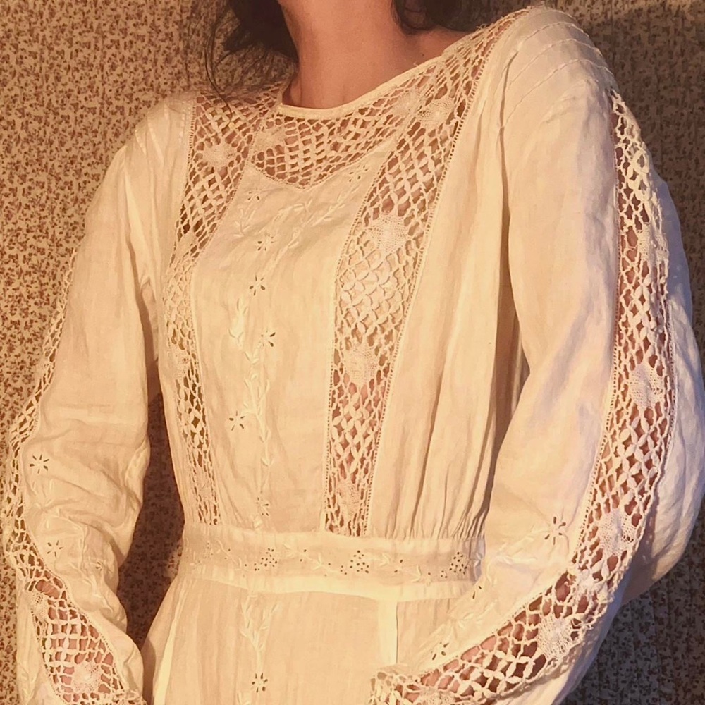One of a kind handmade antique Edwardian crochet lace eyelet bobbin lawn dress